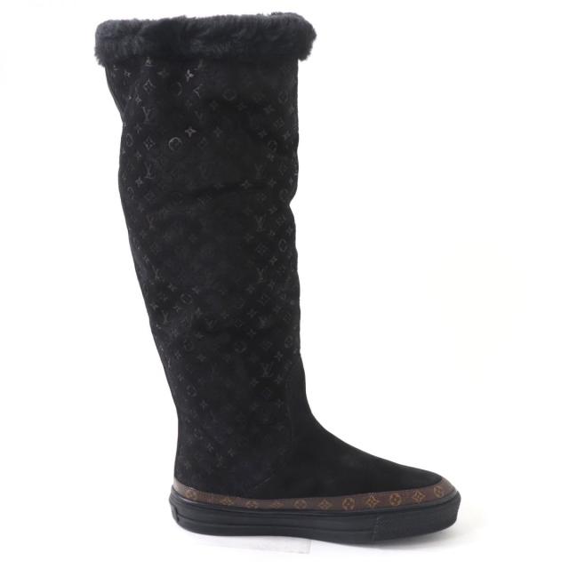 極美品☆LOUIS VUITTON ルイヴィトン スノーボール・ライン モノグラム フラット ムートンブーツ/ロングブーツ ブラック 35 イタリア製 極美品☆LOUIS VUITTON ルイヴィトン スノーボール・ライン モノグラム