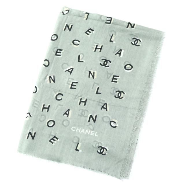 美品 CHANEL シャネル 2021年製 21B ココマーク ロゴ総柄 カシミヤ シルク スカーフ ストール ショール グレー系 イタリア製 レディース