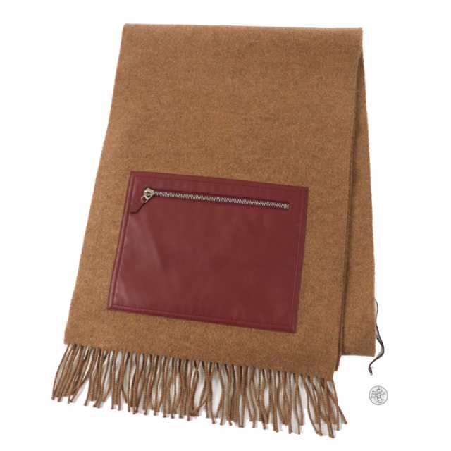 未使用品 HERMES エルメス Echarpe poket ノアゼット レザーポケット付き カシミヤ100％ マフラー 箱付き 英国製 正規品 レディースの通販は 99,000円