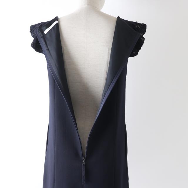 極美品 FOXEY フォクシー 39335 ミッドナイトブルー 袖スパンコール付フリル ノースリーブ ドレス ワンピース 38 日本製 正規 レディース_4