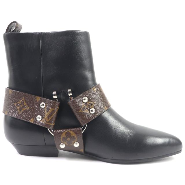 極美品 ルイヴィトン 2019年製 ラプソディライン レザー モノグラム ベルト付き  アンクルブーツ ブラック 36 イタリア製 レディース 極美品 ルイヴィトン 2019年製 ラプソディライン レザー モノグラム