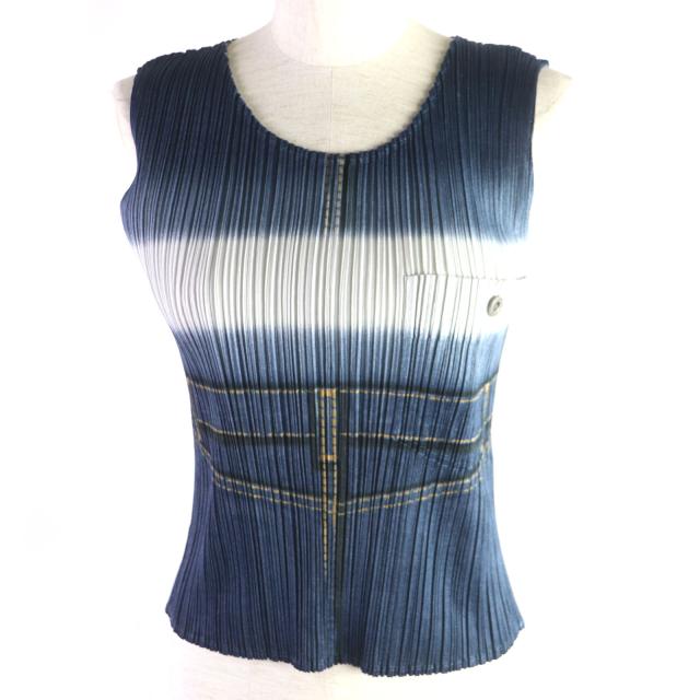 極美品】PLEATS PLEASE プリーツデニム転写ノースリーブブラウス