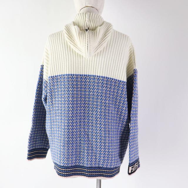 FENDI - 極美品◎FENDI フェンディ 18年製 FZY731 ウール カシミヤ FFロゴ／ズッカ柄 ニット パーカー ブルー ホワイト 38 イタリア製 正規品 レディース 極美品◎FENDI フェンディ 18年製 FZY731 カシミヤ混 FFロゴ