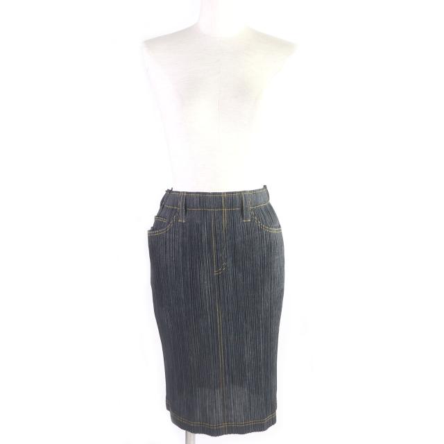 イッセイミヤケデニムスカート 極美品✨【PLEATS PLEASE】 イッセイミヤケ デニム転写 スカート L