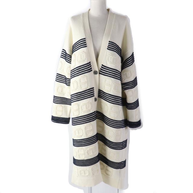 未使用品☆エルメス 23年 3E2102D2 カシミヤ シェーヌダンクル柄 セリエボタン カーディガン アイボリー 紺 38 ハンガー付 伊製 正規品の通販は