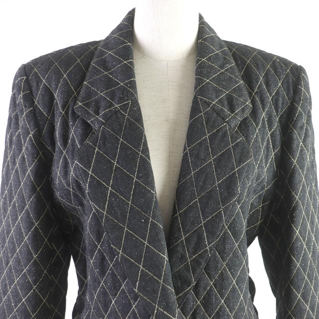 極美品□LEONARD レオナール シルク キルティング ロゴ刺繍入り 金ボタン シングル デニム テーラードジャケット ブラック 85-92-156/11AR