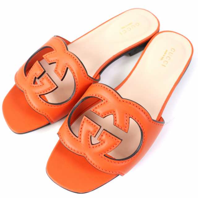 未使用△GUCCI グッチ 定価96800円 694451 レザー インターロッキングG カットアウト スライドサンダル オレンジ 36 袋付 伊製の通販は