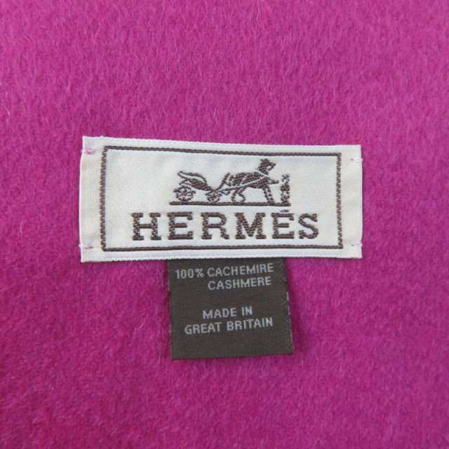 極美品★HERMES エルメス カシミヤ100％ ロゴ刺繍入り フリンジ付 ストール/マフラー ピンク 英国製 レディース エレガント◎