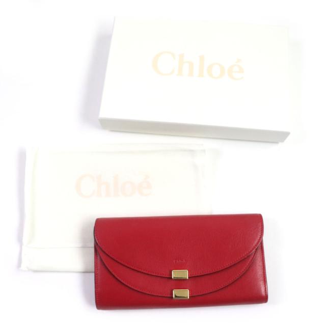 美品▼Chloe クロエ 3P0284 IA ジョージア レザー ダブルフラップ 2つ折り ロングウォレット 長財布 レッド ゴールド金具 箱・袋付 美品▽Chloe クロエ 3P0284 GEORGIA ジョージア レザー ダブルフラップ