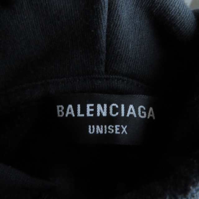 良品●BALENCIAGA バレンシアガ 22SS 570811 BBロゴプリント ダメージ加工 プルオーバー フーディ スウェットパーカー 黒 XS 正規品の通販は