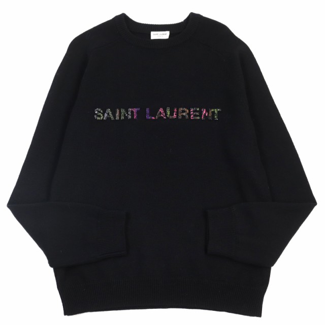 極美品○サンローランパリ BEAD EMBROIDERED CREW KNIT ウール ロゴビジュー クルーネック セーター/ニット ブラック XS 伊製 正規品