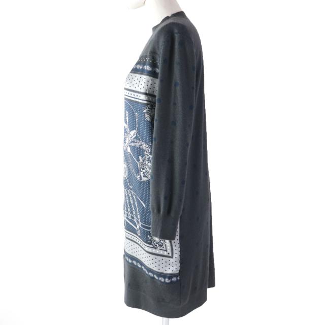 極美品☆エルメス 2H2825DS HARNAIS DE COUR 宮廷の馬具 シルク カシミヤ ツイルレーヌ 長袖 ワンピース グレー 34 正規品_2
