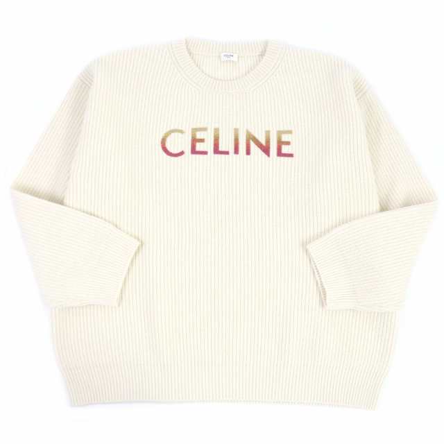 極美品□CELINE セリーヌ 22SS 2A09X66Q ウール スパンコール リブ編み ロゴニット セーター アイボリー XXL イタリア製 正規品 メンズ