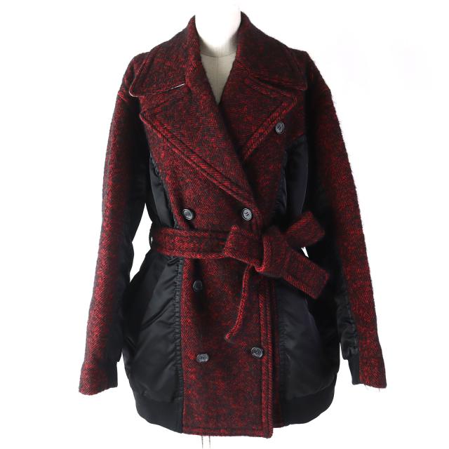 極美品△N°21 ヌメロ ヴェントゥーノ C20IN2M モヘア・アルパカ混 ベルト付 ロゴボタン 異素材切替 中綿 ジャケット レッド ブラック 40の通販は