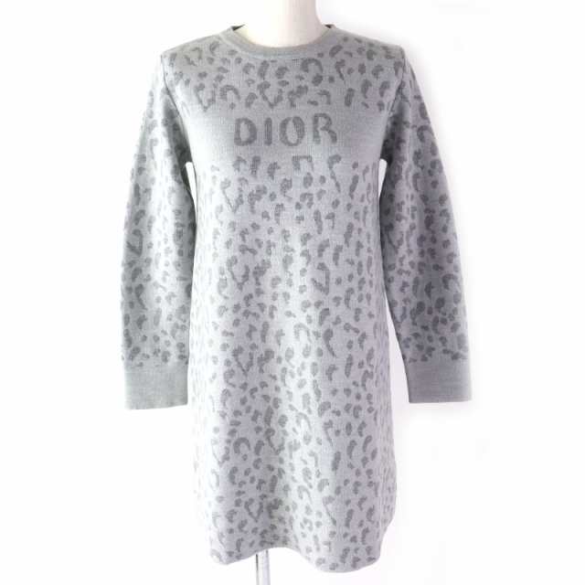 極美品△DIOR ディオール 3WBM14DRSF ウール100％ レオパード柄 ロゴ入り 長袖 ニット ワンピース グレー系 12 伊製 キッズ レディース可