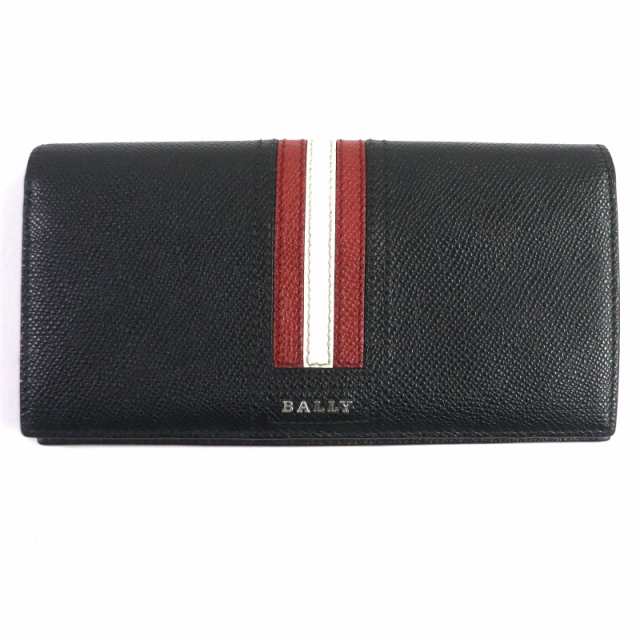 極美品▼BALLY バリー 6218067 TALIRO.LT10 レザー ロゴ金具付き ストライプ ロングウォレット 2つ折り 長財布 ブラック 箱付き メンズ