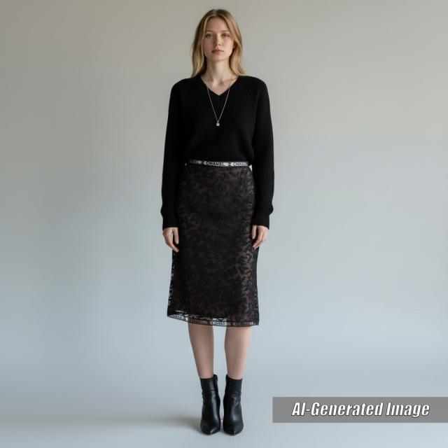 【ドンドン見直し】極美品★シャネル ヴィンテージ 98A P11845 総ロゴレース 膝丈 タイトスカート 黒 38 仏製 レディース エレガント◎_1