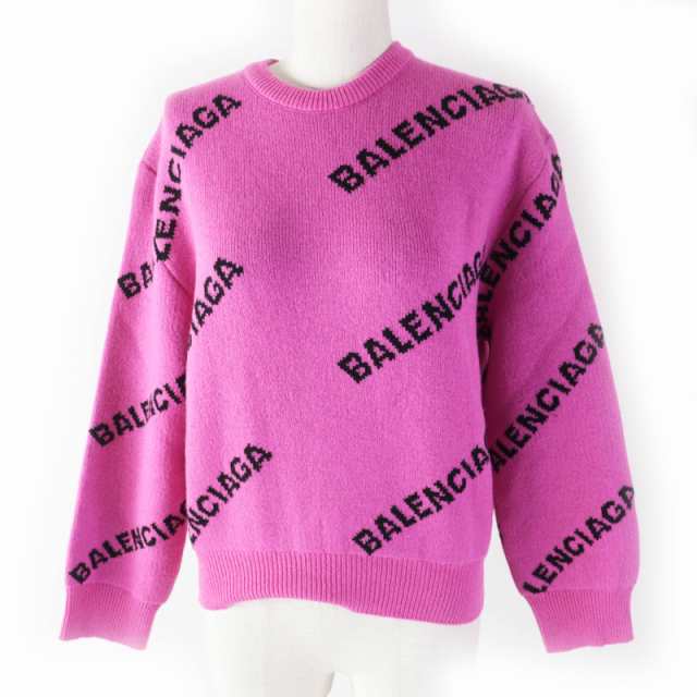 未使用品◎BALENCIAGA バレンシアガ 510243 ヴァージンウール ジャガードロゴ 長袖ニット ピンク ブラック 34 伊製 正規品 レディース