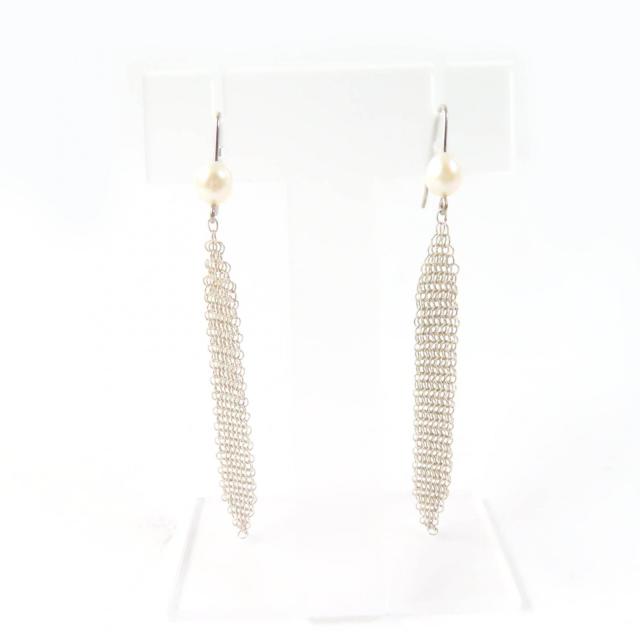 【ドンドン見直し】美品☆ティファニー AG925 現行品 パール付 メッシュ タッセル ピアス（両耳用） シルバー 重量1.8g レディース