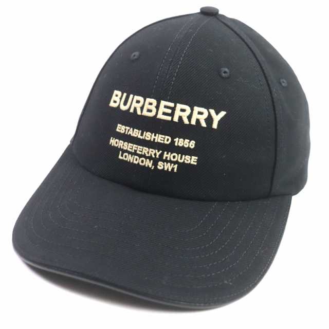 美品▼BURBERRY バーバリー 8057625 ロゴ刺繍入り レザー使い ベースボールキャップ 帽子 ブラック シルバー金具 S 伊製 正規品 メンズ