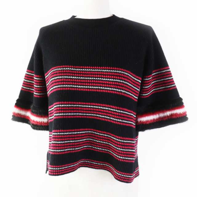 美品◎FENDI フェンディ 18年製 FZY680 カシミヤ混 ミンク使い ボーダー柄 ショートスリーブニット ブラック レッド 36 正規品　レディースの通販は