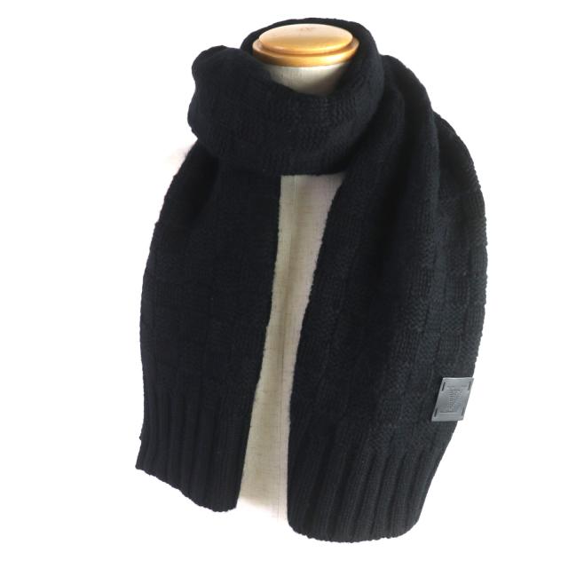良品▼LOUIS VUITTON ルイヴィトン 408733 エシャルプ・ヘルシンキ ダミエ カシミヤ100% レザーロゴパッチ マフラー ブラック 正規品の通販は