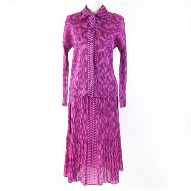 極美品☆プリーツプリーズ イッセイミヤケ ウェーブ柄 長袖シャツ/ロングスカート セットアップ パープル 3・2 日本製 正規品 レディースの通販は