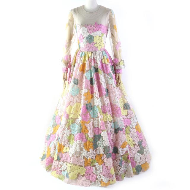 美品△VALENTINO ヴァレンティノ フラワーレースデザイン 長袖 ボリューム チュール ドレス マルチカラー 38 伊製 正規品 レディース