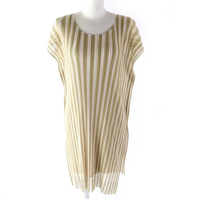 極美品△プリーツプリーズ イッセイミヤケ PP41-JT677 ストライプ柄 レイヤードデザイン フレンチスリーブ ワンピース ベージュ 4 正規品