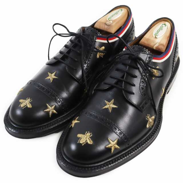 未使用品●GUCCI グッチ 496259 Bee・スターエンブロイダリー パンチドキャップトゥ レザーシューズ ブラック 6.5 メンズ