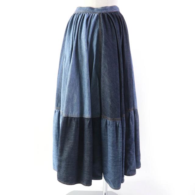 美品△クリスチャンディオール 21SS 112J56A3941 パッチワークデザイン コットンデニム ロング フレアスカート インディゴ 40 伊製 正規品_2