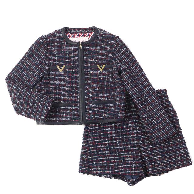 極美品◎ヴァレンティノ 22年製 六本木クラス 平手友梨奈着用 V金具 レザー使い リボンツイード セットアップ マルチ 38／40　正規品