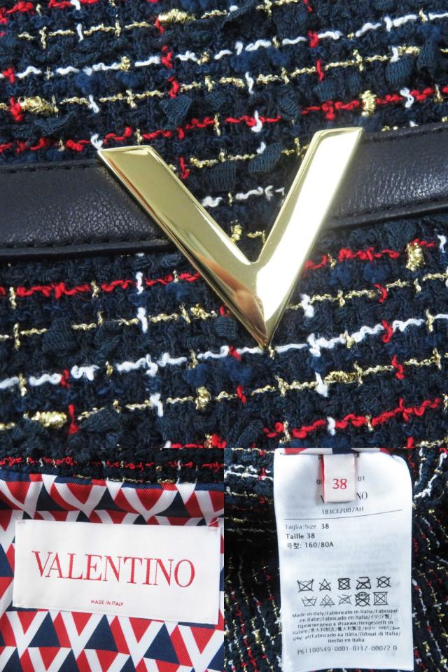 極美品◎ヴァレンティノ 22年製 六本木クラス 平手友梨奈着用 V金具 レザー使い リボンツイード セットアップ マルチ 38／40　正規品_6