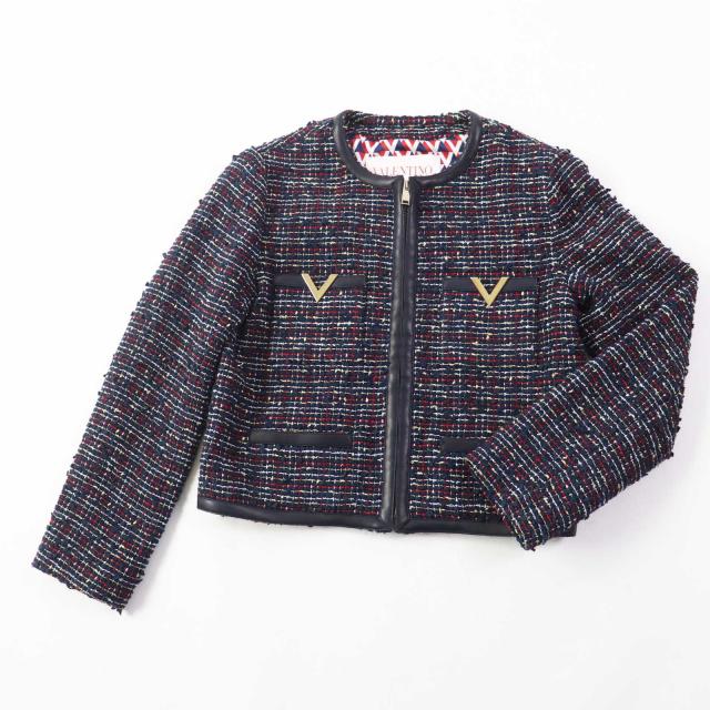 極美品◎ヴァレンティノ 22年製 六本木クラス 平手友梨奈着用 V金具 レザー使い リボンツイード セットアップ マルチ 38／40　正規品_2