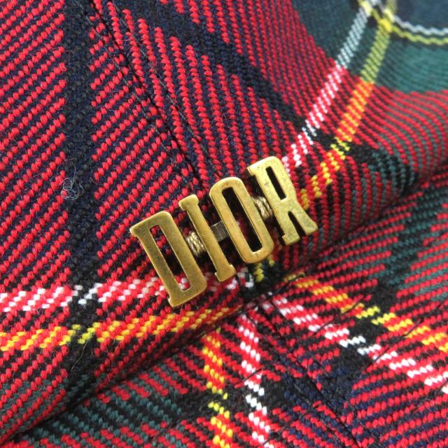 美品△クリスチャンディオール 95TDD923G107 20周年記念 伊勢丹限定 ロゴ金具 ベール付き チェック柄 バケットハット 赤 紺 緑 58 正規品 美品△クリスチャンディオール 95TDD923G107 20周年記念 伊勢丹限定