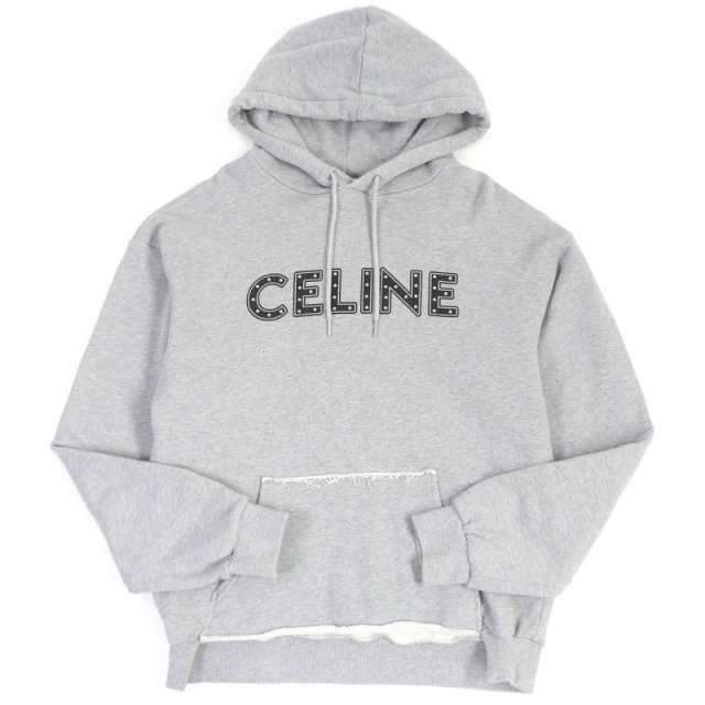 美品□CELINE セリーヌ 2Y309052H コットン スタッズ ロゴプリント プルオーバー フーディー パーカー グレー S イタリア製 正規品