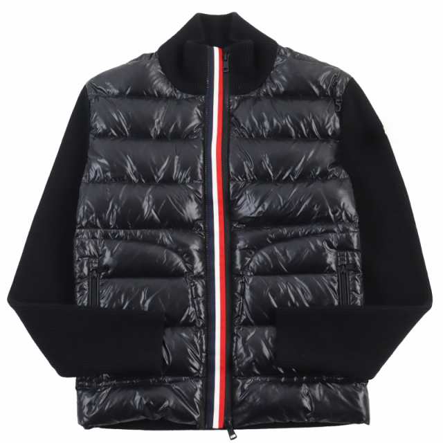 極美品●MONCLER モンクレール 2019年製 MAGLIONE ニット切替 ロゴワッペン付 トリコロール ダウンジャケット ブラック L 正規品 メンズ