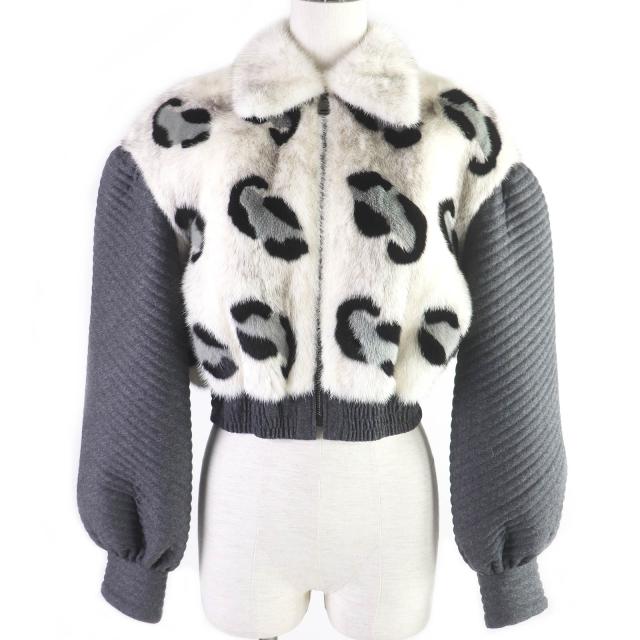 極美品□フェンディ 2020年製 FNE60I レオパード ミンクファー カシミヤ混 ブルゾン ボンバージャケット ホワイト グレー 38 伊製 正規品の通販は