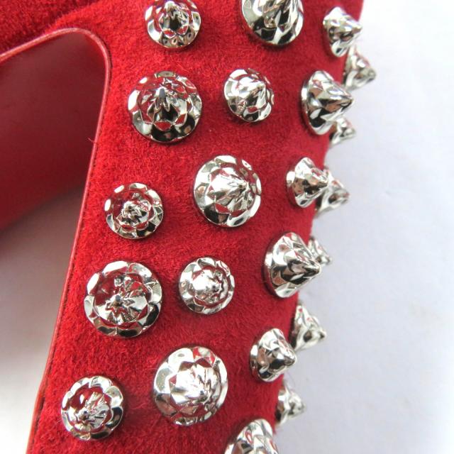 極美品★クリスチャンルブタン スパイク スタッズ付 スクエアトゥ チャンキーヒール スウェードレザー パンプス レッド 36 保存袋付 伊製 極美品☆クリスチャンルブタン スパイク スタッズ付 スクエアトゥ