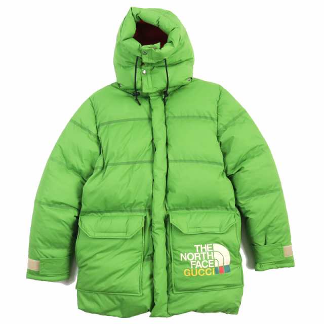 美品△GUCCI THE NORTH FACE グッチ ザ・ノース・フェイス 663751 ロゴ入り フード付き WZIP ダウンジャケット グリーン M 正規品 メンズ