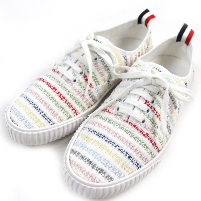 美品△THOM BROWNE トムブラウン ツイード レースアップ ローカットスニーカー ホワイト マルチカラー 8 スペイン製 メンズ オススメ◎