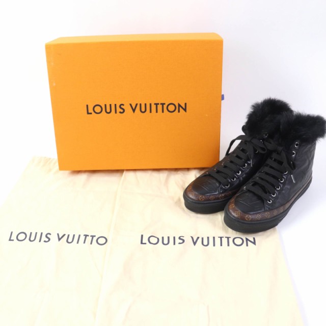 極美品☆LOUIS VUITTON ルイヴィトン ジャイアント・ライン レザー モノグラム サイドZIP ハイカットスニーカー ブラック 36 レディース