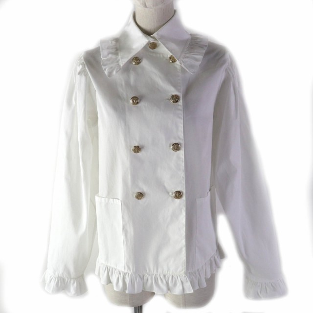 極美品△CHANEL シャネル P59371 コットン100％ ロゴイカリ金ボタン ダブルブレスト シャツ ジャケット 白 36 伊製 正規品 レディースの通販は