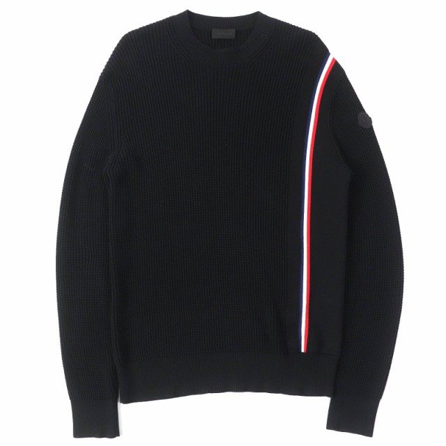 美品△MONCLER モンクレール 2021年製 GIROCOLLO TRICOT コットン100% ロゴワッペン トリコロールライン 長袖 ニット 黒 S 正規品