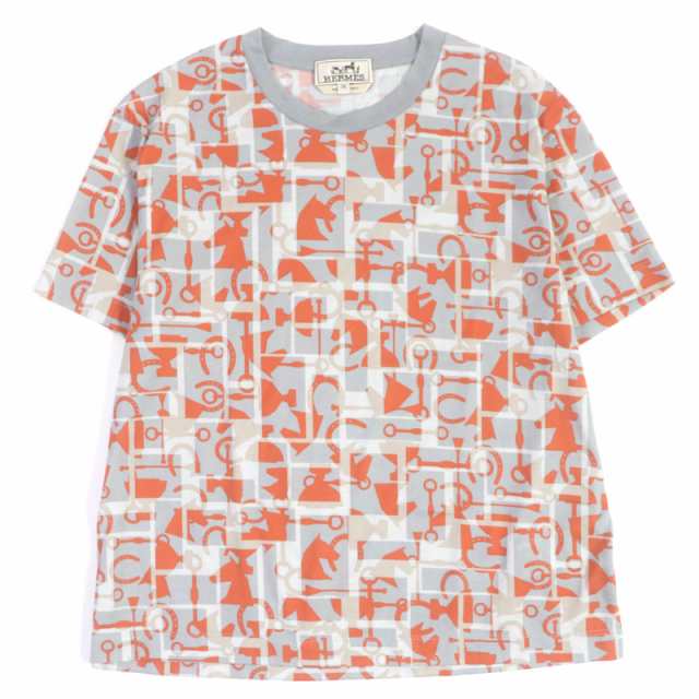 極美品□HERMES エルメス 20SS コットン 馬 ホース総柄 クルーネック 薄手 カットソー 半袖Ｔシャツ グレー XS イタリア製 正規品 メンズ