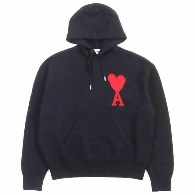 美品△AMI PARIS アミパリ BIG HEART LOGO HOODIE KNIT ウール100％ ハート 長袖 プルオーバー パーカー 黒 赤 L 伊製 正規品 メンズ