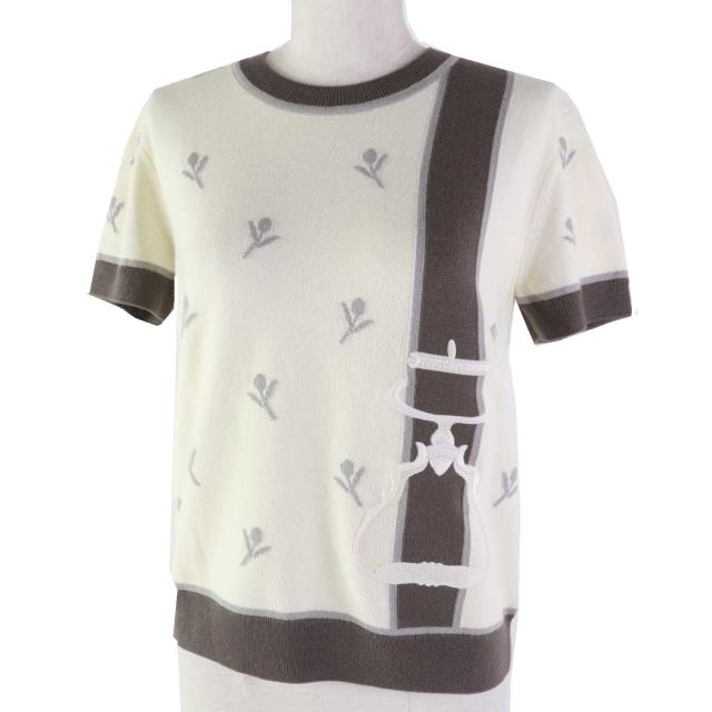 未使用品◎エルメス 24年 4E2624D5 ETRIERS カシミヤ混 鐙刺繍 ショートスリーブニット 半袖ニット グリ・チタ 38 レディース 定288200円の通販は