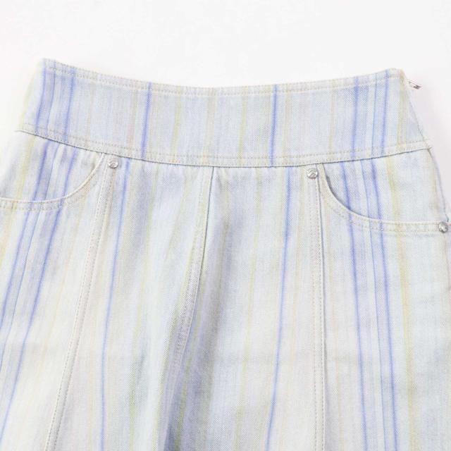 極美品◎CHANEL シャネル P58766 コットン ストライプ柄 裾カットオフ デニムスカート ライトブルー 34 イタリア製 正規品 レディース_1
