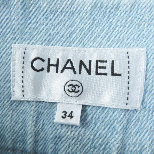 極美品◎CHANEL シャネル P58766 コットン ストライプ柄 裾カットオフ デニムスカート ライトブルー 34 イタリア製 正規品 レディース_8
