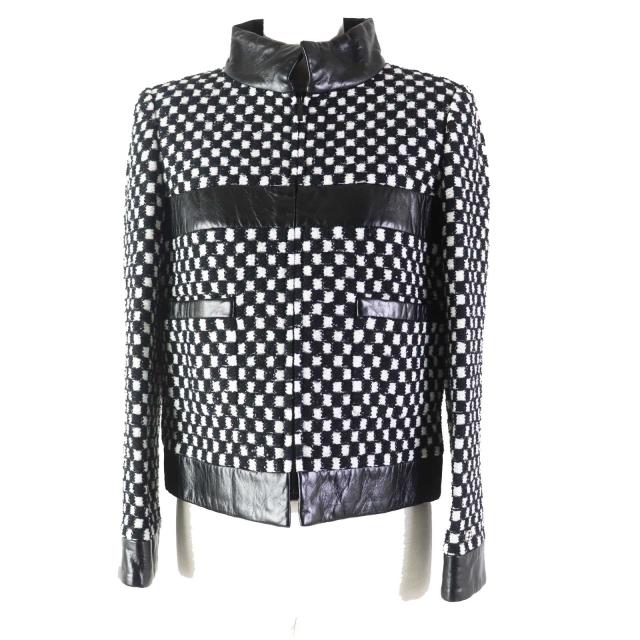 極美品◎CHANEL シャネル P57185 レザー使い スパンコール チェッカー ツイード ジャケット ブラック ホワイト 34 正規品 レディース